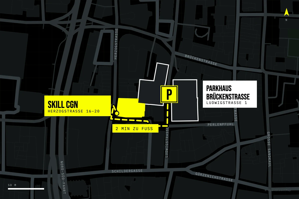 Karte: Parkhaus Brückenstraße, Ludwigstraße 1, zu SKILL CGN, Herzogstraße 16–20, zwei Minuten zu Fuß